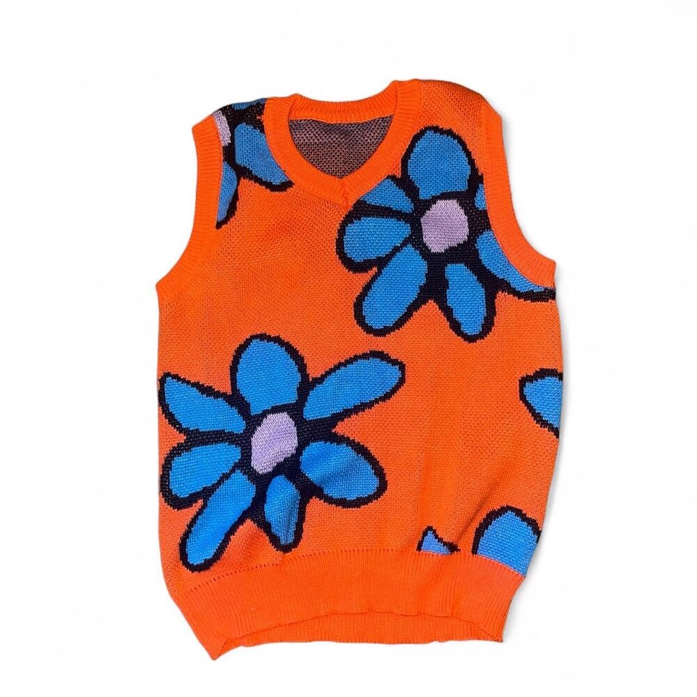Romwe Men's Orange and Blue Flower Knit Sweater Vest SZ L